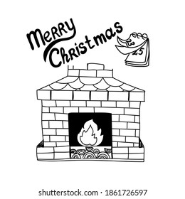 
Fireplace in it lights a fire, calendar for the new year and christmas, lettering merry christmas, vector illustration of hand draw in doodle style.