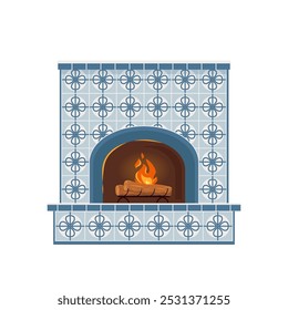 Chimenea revestida con azulejos decorativos azules y blancos en estilo mediterráneo. Acogedora hoguera interior con Elementos de decoración y soporte de troncos, llama ardiente para el confort y la relajación. Ilustración plana de Vector