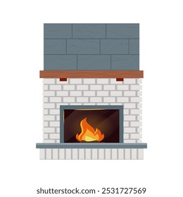 Fireplace lined with white brick and black marble. Cozy winter interior bonfire, burning flame blazing inviting warm fire. Home open hearth for comfort and relaxation. Vector flat illustration