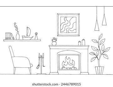 Fireplace in living room graphic black white interior sketch illustration vector