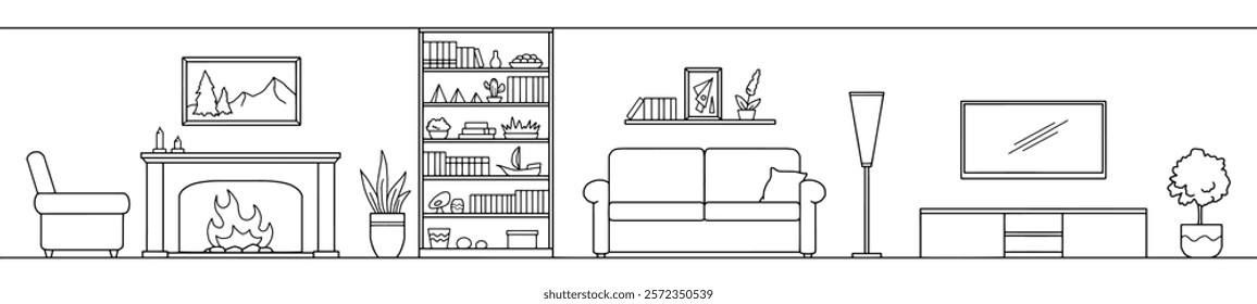 Fireplace in living room graphic black white interior long sketch illustration vector 