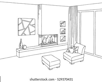 Fireplace Living Room Interior Graphic Sketch Illustration Vector