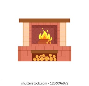 Fireplace with logs in special container isolated icon vector. Fire with burning wooden material, branches in flame. Furniture interior of house decor