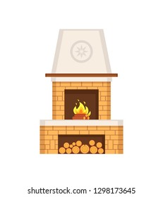 Fireplace made of brick construction with chimney vector. Pipe for vent of smoke, yellow structure with fire flames and logs in specially built storage