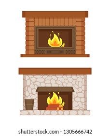Fireplace made of bricks and stones interior set vector. Isolated icons, burning logs, bucket for ashes, construction for heating home, warming up