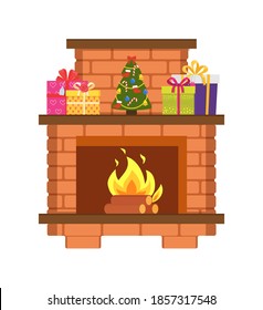 Fireplace made of fireproof bricks, with chimney, decorated by Xmas tree and gift boxes. Flames in home bonfire and New Year decorations isolated