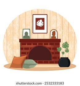 Manto de la chimenea con la decoración y las almohadas acogedoras, Vector