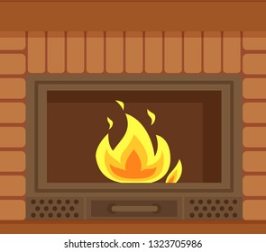 Fireplace with metal frame, construction made of brick vector. Flames in home bonfire, heating decoration of home interior made of fireproof bricks, closeup