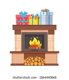 Fireplace with metal frame, made of brick vector. Mantelpiece decorated by wrapped presents and gifts, holiday surprises in packages. Flames in home bonfire