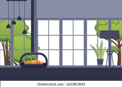 Fireplace in modern room interior, spacious apartment room in flat style, vector illustration. Large window of comfortable house, cozy home with modern loft interior, fire burning in open fireplace