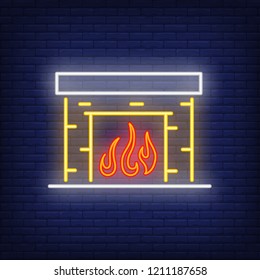 Fireplace neon sign. Luminous signboard with brick fireplace with burning fire. Night bright advertisement. Vector illustration in neon style for coziness, home