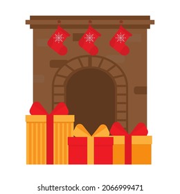 Fireplace with New Year's gifts. Vector illustration.
