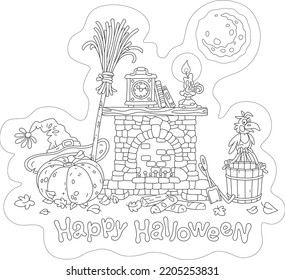 Fireplace with an old clock and a burning candle on a mantelpiece, a big pumpkin, a hat, a flying broom and other magical things of a Halloween witch, black and white greeting card