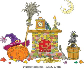 Fireplace with an old clock and a burning candle on a mantelpiece, a big pumpkin, a hat, a flying broom and other magical things of a Halloween witch, vector cartoon illustration on white