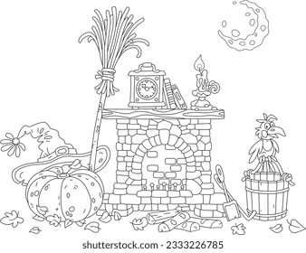 Fireplace with an old clock and a burning candle on a mantelpiece, a big pumpkin, a hat, a flying broom and other magical things of a Halloween witch, black and white cartoon illustration