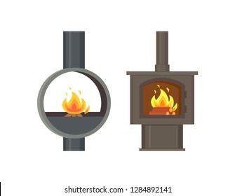 Fireplace old style stoves with burning logs set vector. Rounded metallic construction with fire, pipe ventilation. Home interior vintage furniture
