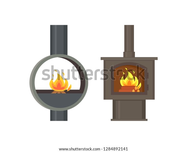 Fireplace Old Style Stoves Burning Logs Stock Vector Royalty Free