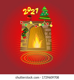 fireplace on a red background, congratulation on 2021, happy new year, merry christmas, vector illustration, cartoon
