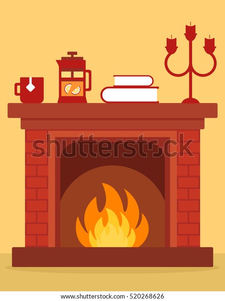 Fireplace On Room Interior Cartoon Red Stock Vector Royalty Free