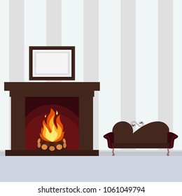 Fireplace on the wall with the picture Christmas hearth sofa - vector