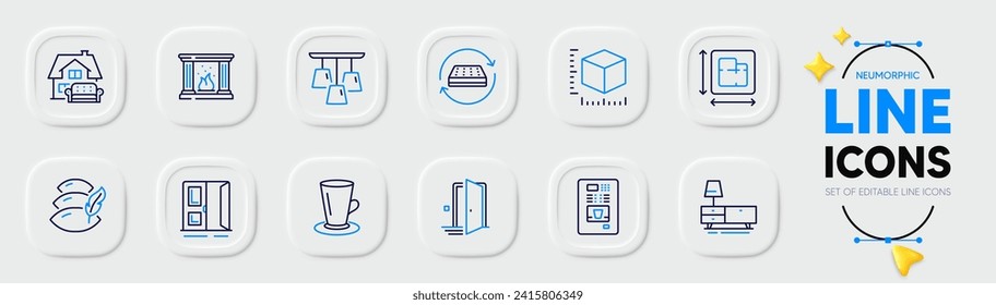 Fireplace, Package size and Coffee vending line icons for web app. Pack of Pillow, Open door, Teacup pictogram icons. Dresser, Floor plan, Furniture moving signs. Mattress, Door, Ceiling lamp. Vector