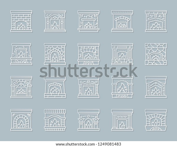 Fireplace Paper Cut Art Line Icons Stock Vector Royalty Free