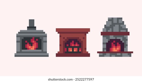 Conjunto de arte de píxeles de chimenea. Muebles de decoración, fogón de piedra clásica, horno o colección de horno. 8 bits. Desarrollo de juegos, App móvil. Ilustración vectorial aislada.