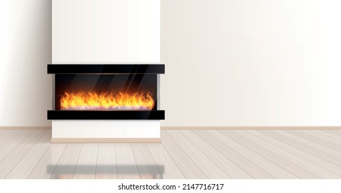 Fireplace realistic composition with indoor view of empty room with modern style chimney and burning fire vector illustration