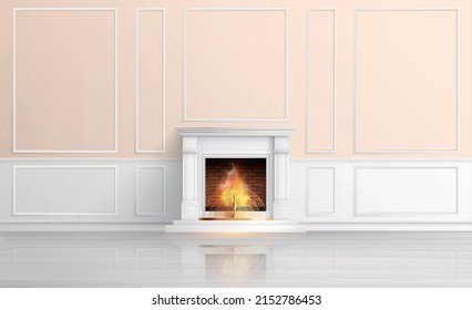 Fireplace realistic composition with indoor view of modern interior with pastel walls and fire in chimney vector illustration