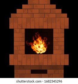 Chimenea con fuego realista. Ilustración vectorial interna. Piedra de ladrillo