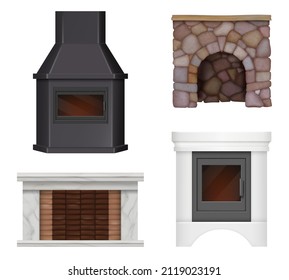 Fireplace realistic. Home modern chimney place for relax concept symbols of cosiness decent vector pictures of fireplaces from bricks and decorative columns