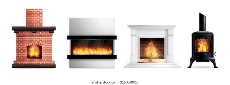 Fireplace realistic set with four isolated designs of domestic chimney with burning fire on blank background vector illustration