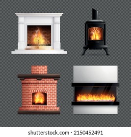 Fireplace realistic set with four isolated images of chimney with various design and materials with fire vector illustration