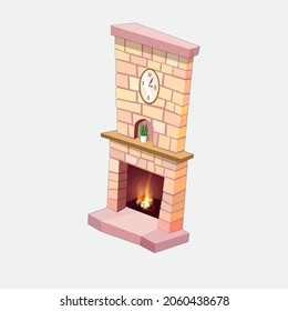 Chimenea con ladrillo rojo, con fuego caliente dentro, horno. Cerradura С y maceta de flores sobre la repisa de la chimenea. El salón interior. Ilustración vectorial.