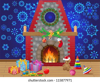 fireplace room with christmas gifts and decorations vector illustration