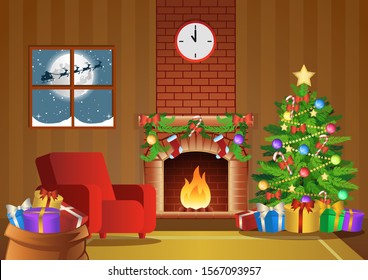 fireplace room decorate for Christmas night,vector illustration