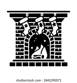 Fireplace with Santa socks black glyph icon. Silhouette on white background. Flat pictogram. Vector isolated illustration. Duotone solid symbol. Negative space. Pixel perfect
