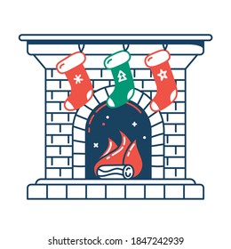 Fireplace with Santa socks color flat icon. Cozy Christmas. Thin line and fill pictogram. Isolated vector illustration with contour. Editable stroke. Pixel perfect