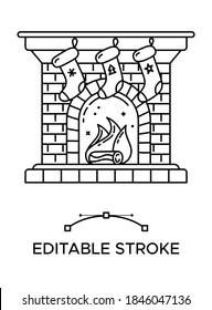Fireplace with Santa socks linear icon. Cozy Christmas. Thick line pictogram. Isolated outline vector illustration. Duotone contour symbol. Editable stroke. Pixel perfect