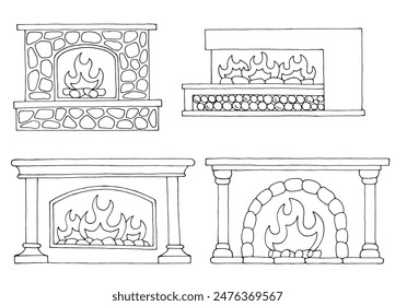 Fireplace set graphic black white isolated sketch illustration vector