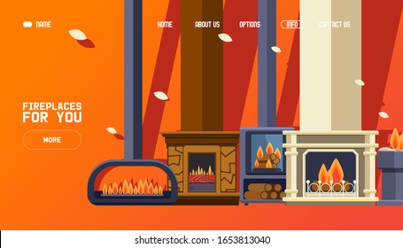 Fireplace Shop Website, Modern Home Decoration Store, Luxury Interior Design, Vector Illustration. Electric Or Gas Fireplace For Modern House And Cozy Apartment Interior. Luxury Lifestyle Furniture