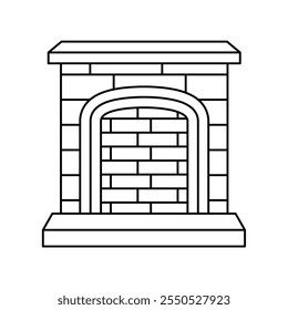 Lareira simples linha preta ícones vetor. Lareira aconchegante para aquecer e criar atmosfera no quarto. Trabalho de pedra com tijolo. Complementar à sala de estar. Ilustração vetorial