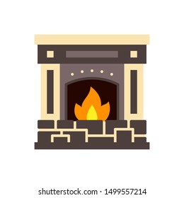 Fireplace single flat cartoon icon. Christmas fire sign. Xmas decor cozy home simple pictogram symbol. Closeup color vector illustration isolated on white. Graphic design element for card, print, logo