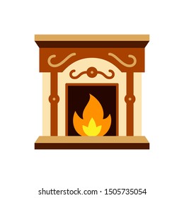 Fireplace single flat cartoon icon. Christmas fire sign. Xmas decor cozy home simple pictogram symbol. Closeup color vector illustration isolated on white. Graphic design element for card, print, logo