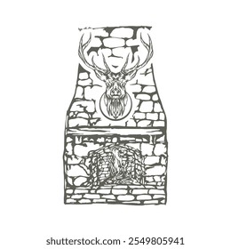 fireplace sketch illustration with deer head.