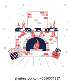 Fireplace with social and Christmas decorations, hand drawn illustration. Vector