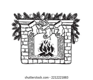 Fireplace with socks and Christmas decorations, hand drawn illustration. Vector.	