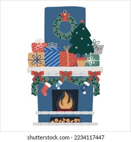 Fireplace with socks, christmas tree, gifts and wreath. Happy new year decoration. illustration flat style. Vector