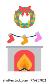 Fireplace and socks hanging above it, decorated by wreath on top, place for putting Christmas presents vector illustration isolated on white background