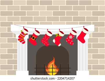 Fireplace with socks hanging on a rope. Christmas and New Year winter holidays gifts. Santa stockings. Vector cartoon Illustration in trendy flat style.